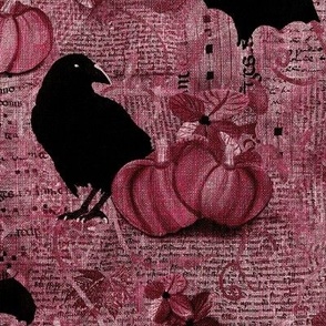 Medium 12” repeat mixed media vintage handwriting, book paper and hand drawn lace with crows, bats, pumpkins and flowers with faux burlap woven texture on pink hues