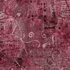 Medium 12” repeat mixed media vintage handwriting, book paper and hand drawn lace faux burlap woven texture on Pink hues