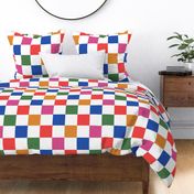 Bold Vibrant Checker Board Print in Red, Pink, Green, Blue and Gold