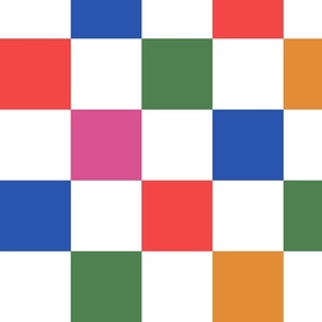 Bold Vibrant Checker Board Print in Red, Pink, Green, Blue and Gold