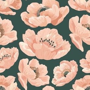 Peach Poppies on Green Background, Large