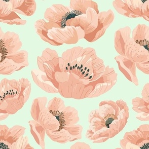 Peach Poppies on Mint Background, Large