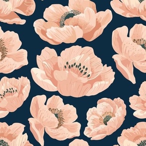 Peach Poppies on Navy Background, Large