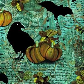Large 24” repeat mixed media vintage handwriting, book paper and hand drawn lace with crows, bats, pumpkins and flowers with faux burlap woven texture on Teal and turquoise