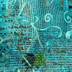 Large 18” repeat mixed media vintage handwriting, book paper and hand drawn lace faux burlap woven texture on Turquoise hues