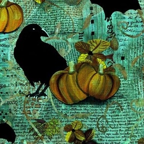 Medium 12” repeat mixed media vintage handwriting, book paper and hand drawn lace with crows, bats, pumpkins and flowers with faux burlap woven texture on Teal and turquoise