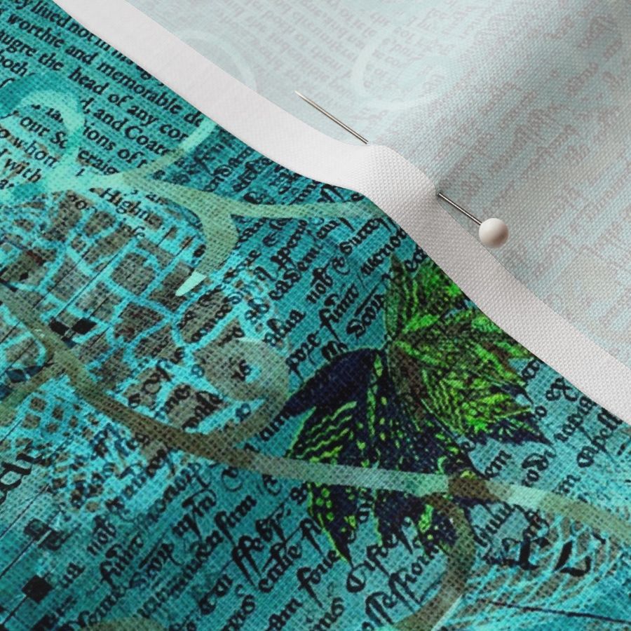 Medium 12” repeat mixed media vintage handwriting, book paper and hand drawn lace faux burlap woven texture on Turquoise hues