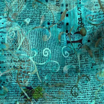 Medium 12” repeat mixed media vintage handwriting, book paper and hand drawn lace faux burlap woven texture on Turquoise hues