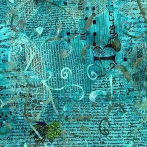 Medium 12” repeat mixed media vintage handwriting, book paper and hand drawn lace faux burlap woven texture on Turquoise hues