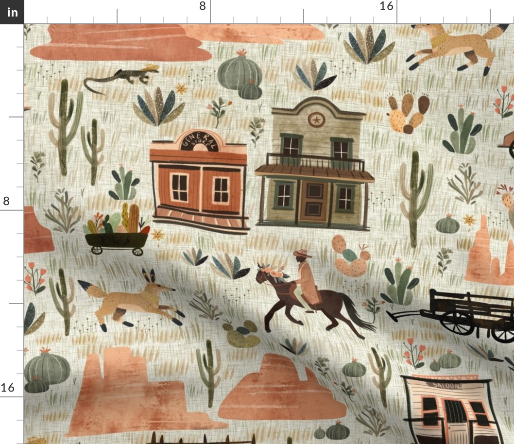 Whimsical wild west - That western town in the plains in green linen texture Large  - grand canyon decor - kids wallpaper
