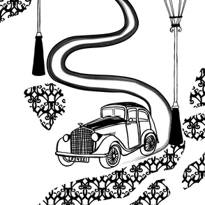 large - Vintage car on the road under under lantern and clock - black on white