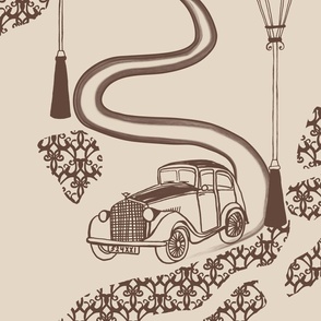 large - Vintage car on the road under under lantern and clock - sepia brown on light beige