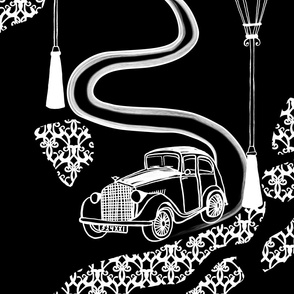 large - Vintage car on the road under under lantern and clock - white on black