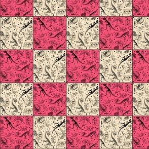 Dinosaur Cheater Quilt Blocks, 4-inch Patchwork Squares, Pink, Cream, Tan