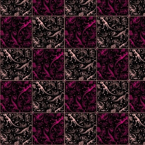 Dinosaur Cheater Quilt Blocks, 4-inch Patchwork Squares, Black, Raspberry Pink