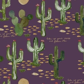 Lent Watercolor Cactus Take Up Your Cross Scripture on Purple