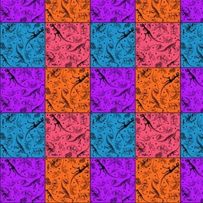 Dinosaur Cheater Quilt Blocks, 4-inch Patchwork Squares, Purple, Orange, Pink, Teal, Blue