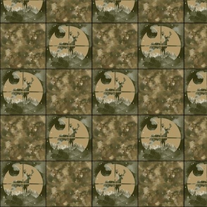 Deer Hunter Camo Cheater Quilt, Faux Stitched 4-Inch Blocks, Green Khaki