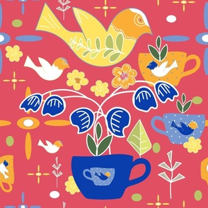 Bright Birds, Teacups And Flowers.