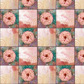Abstract Quilt Blocks and Pink Zinnias, 4-inch Patchwork Squares