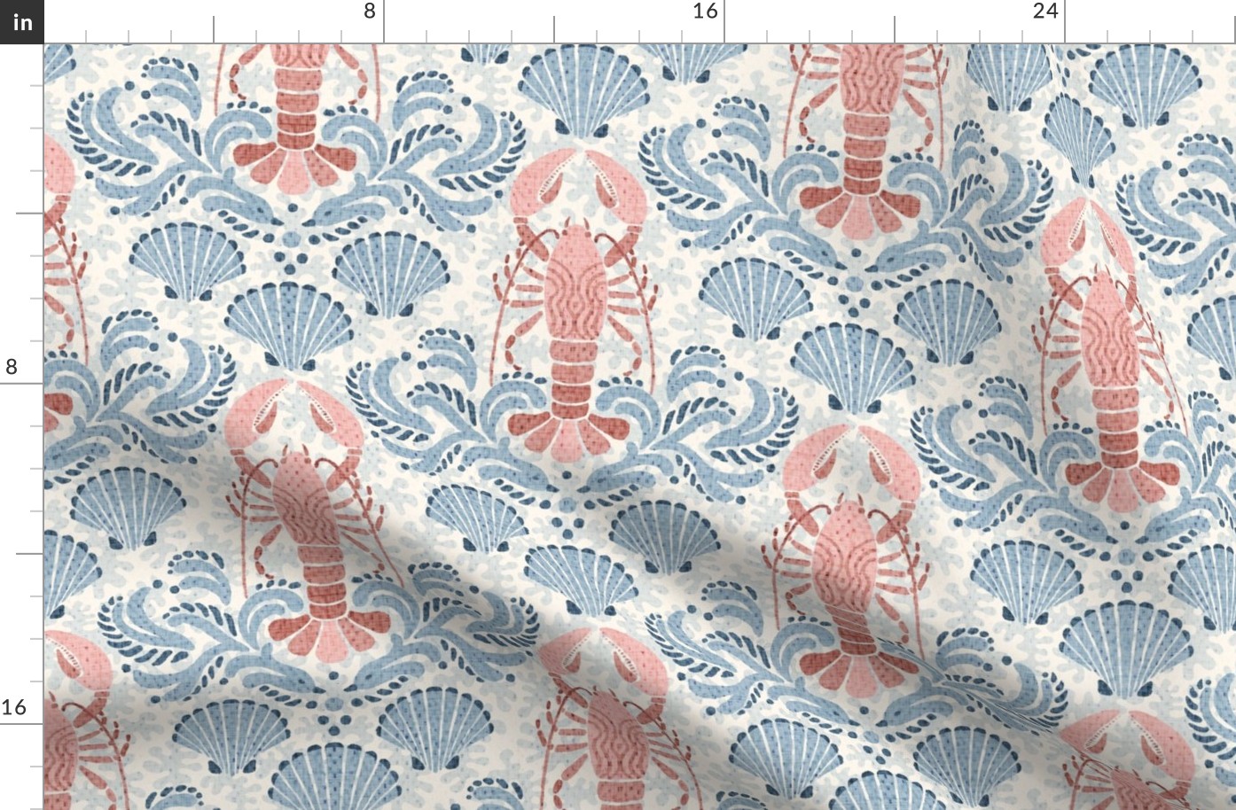 Lobster damask in pale blue and peachy pink - medium scale