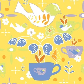 Bright Birds, Teacups And Flowers - Sunny Yellow.