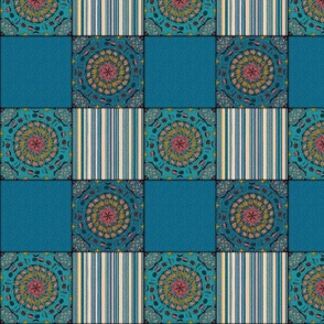 Folk Art Mandala Quilt Blocks, Cheater Quilt, Teal Blue Stripes, 4-inch Patchwork