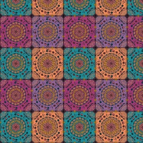 Folk Art Mandala Quilt Blocks, Purple Peach Teal, 4-inch Cheater Patchwork