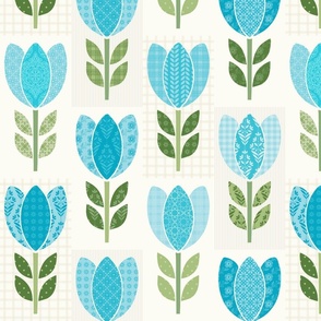 Aqua Tulips Patchwork Background Cheater Quilt Vertical Print