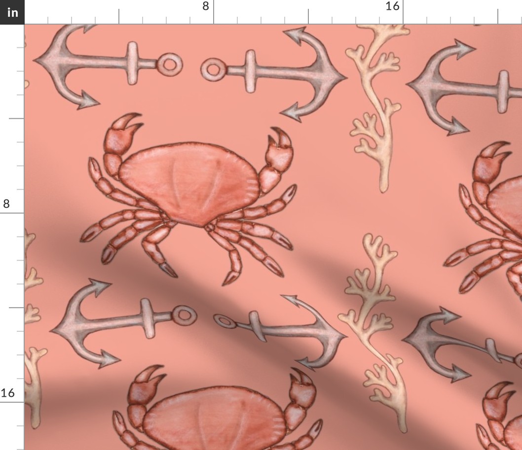 Anchors crabs and seaweed on peach background