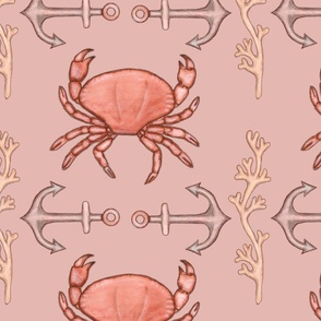 Crustacean core motif with anchors, seaweed , and crabs