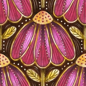 (Large Scale) Vintage Glam Floral | Pink & Gold on Dark Brown | Art Deco Nouveau Heritage Gold Metallic
