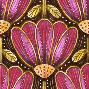 Vintage Glam Floral Upside Down | Pink & Gold on Dark Brown | Art Deco Nouveau Heritage Gold Metallic