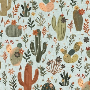 Whimsical wild west - flowering cactus in light blue linen Large - hand drawn succulents - textured cactic wallpaper - kids room