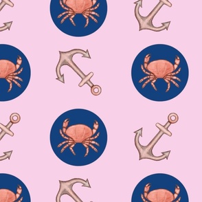 Anchors and crabs on pink background,