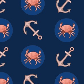 Crabs and anchors on navy background