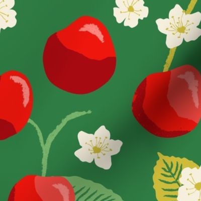 Summer Cherries Forest Green Medium - hand-drawn, botanical, flowers, fruit, garden designs, bright colors, red, green, cute, fun, bedding, wallpaper, clothing, kitchen decor, kids, children, home decor