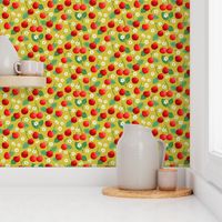 Summer Cherries Chartreuse Small - hand-drawn, botanical, flowers, fruit, garden designs, bright colors, red, green, cute, fun, bedding, wallpaper, clothing, kitchen decor, kids, children, home decor