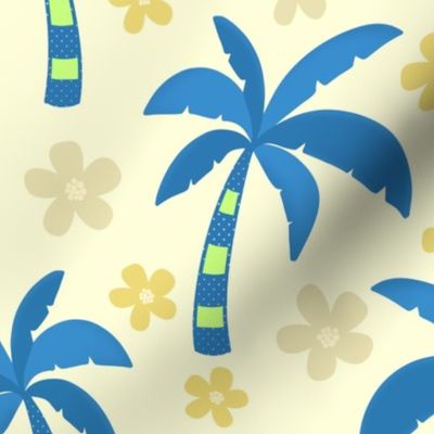 Cheerful Tropical Palm Trees In  Denim Blue on Vanilla White