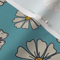 American Folksy Floral Tossed Khaki flowers with Bright Yellow centers on Aqua background . Spindrift Studio, Cait Kirste