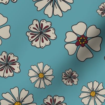 American Folksy Floral Tossed Khaki flowers with Bright Yellow centers on Aqua background . Spindrift Studio, Cait Kirste