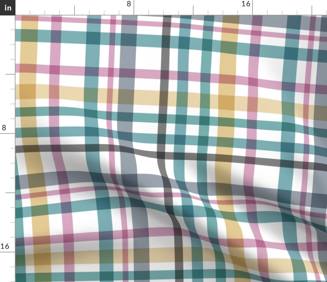 Multicolor Plaid on White; Coordinate for American Folksy Floral. Spindrift Studio, Cait Kirste