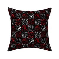Dinosaur Quilt Blocks, Faux Stitched Cheater Patchwork, Red Black White, 2-inch 