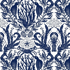 Crustacean Core Damask Navy on White