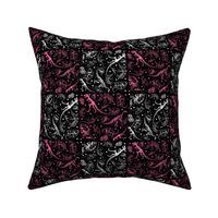 Dinosaur Quilt Blocks, 4-inch Cheater Patchwork, Pink, Black, White