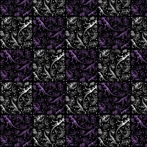 Dinosaur Quilt Blocks, 4-inch Cheater Patchwork, Purple, Black, White