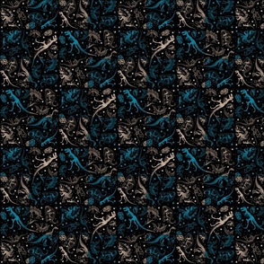 Dinosaur Quilt Blocks, Teal Blue and Cream, 2-inch Squares