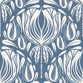Art Nouveau Floral Scallop Laguna Blue, Whipped Cream, Large 