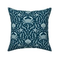 Coastal charm: block print style crabs, shells and starfish among flowing kelp fronds - coordinate design in two colors