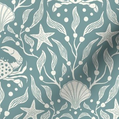 Coastal charm: block print style crabs, shells and starfish among flowing kelp fronds - coordinate design in two colors